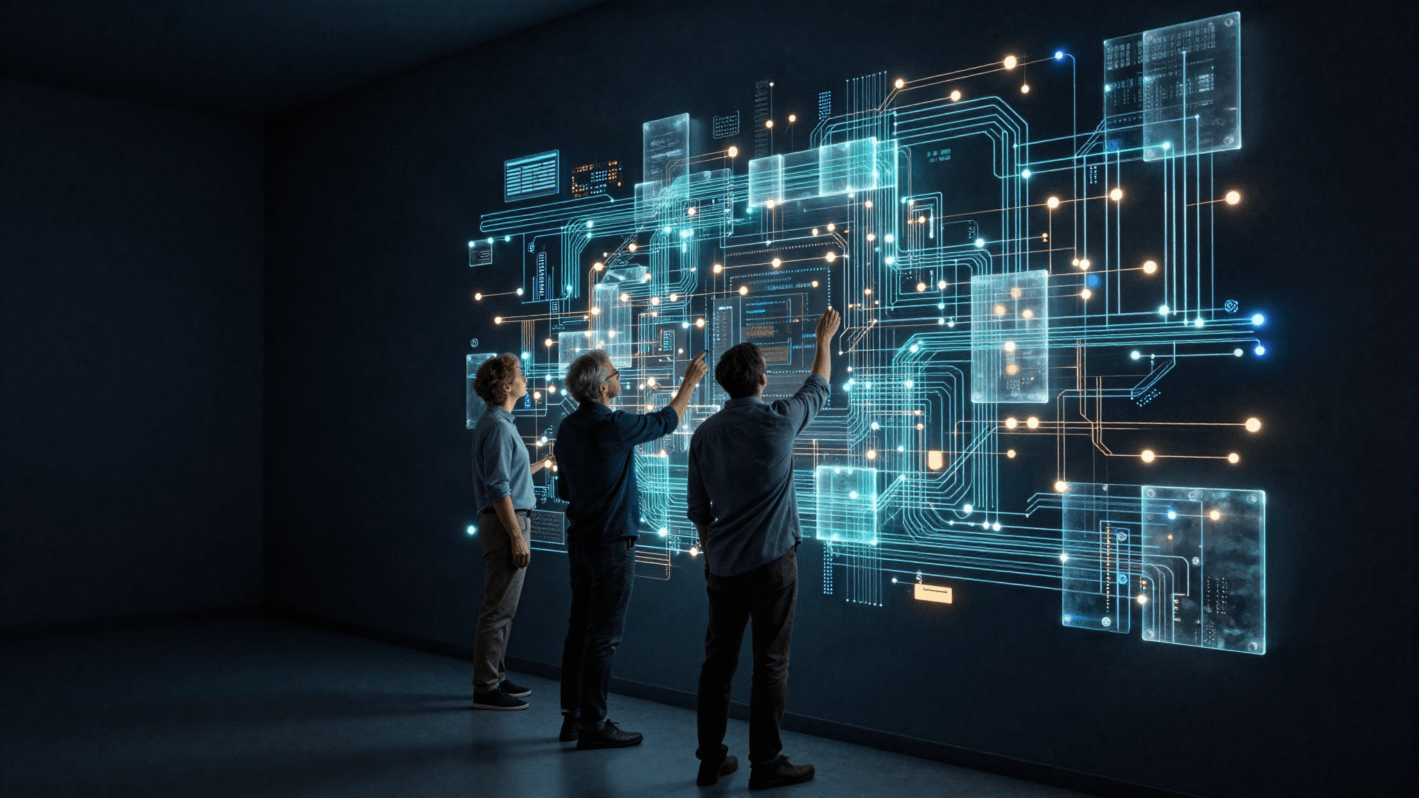 Ecosistema visual de interfaces, datos y arquitectura de software conectados